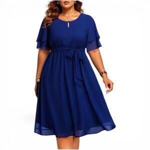 Pinup Fashion Royal Blue Chiffon Dress Size 24 Keyhole Cocktail Dress